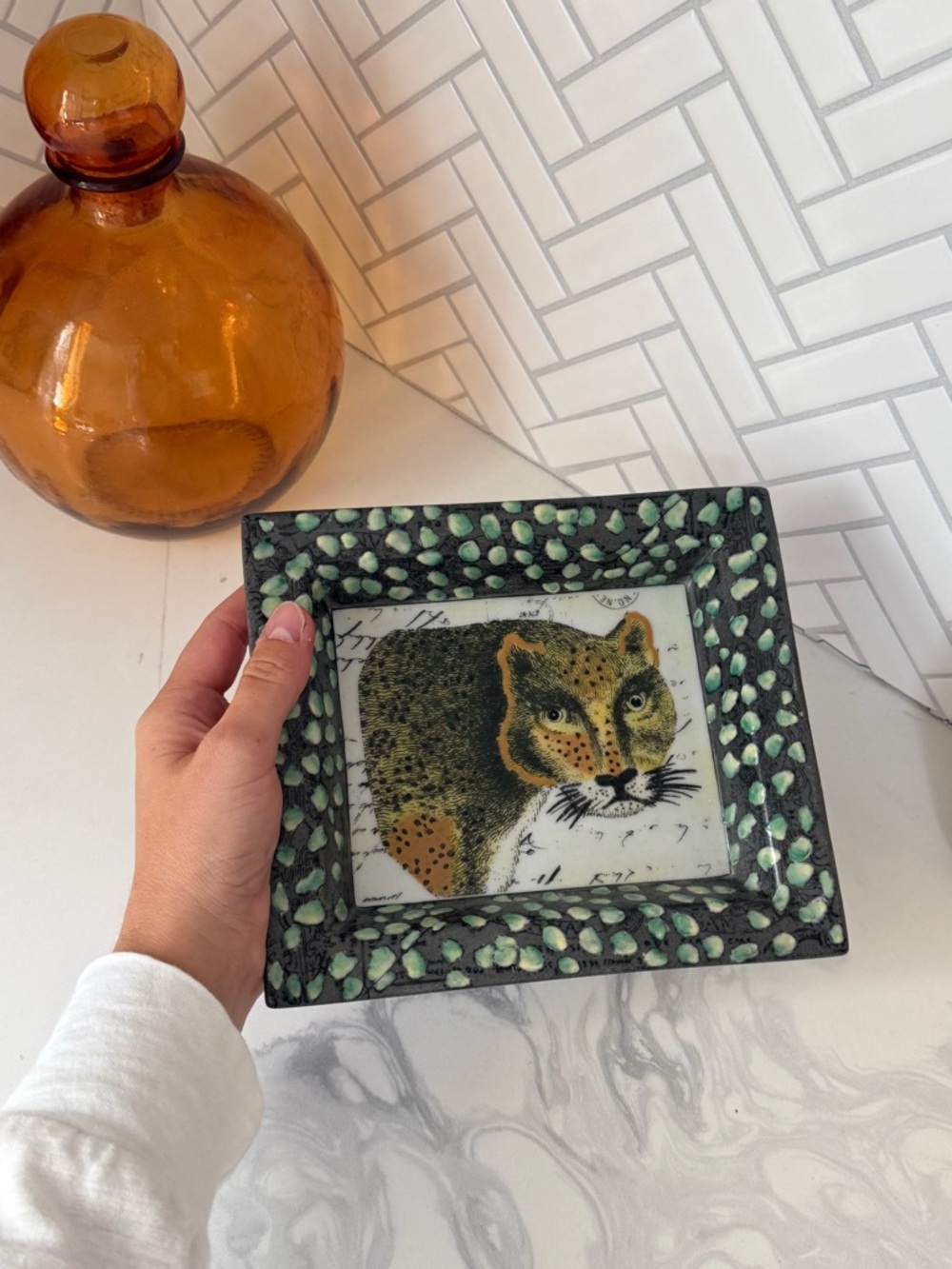 Handcrafted Green Accent Decorative Plate with Leopard Motif